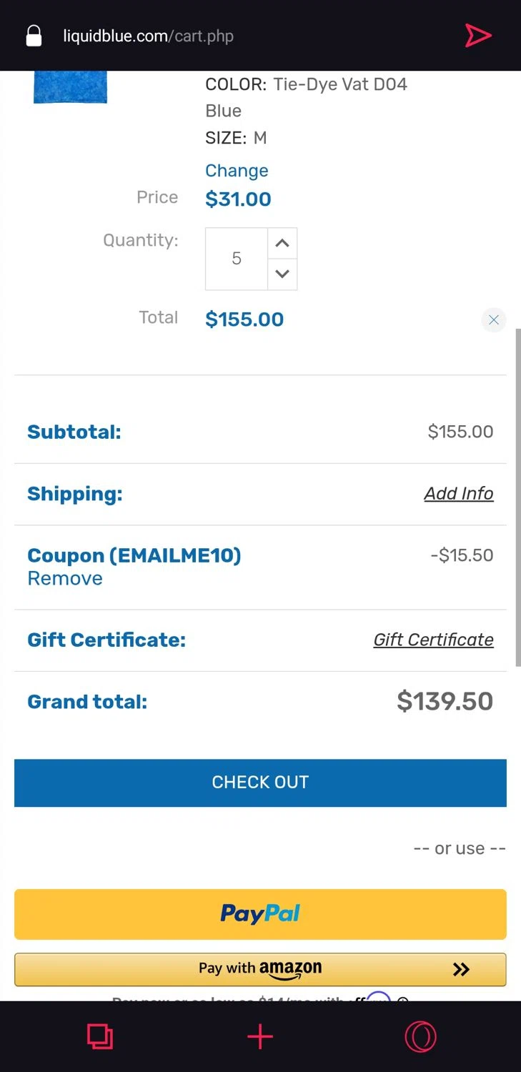 Liquid Blue Shop checkout page showing Liquid Blue Shop promo code box | Screenshot taken by SimplyCodes community member on Mar 26, 2025