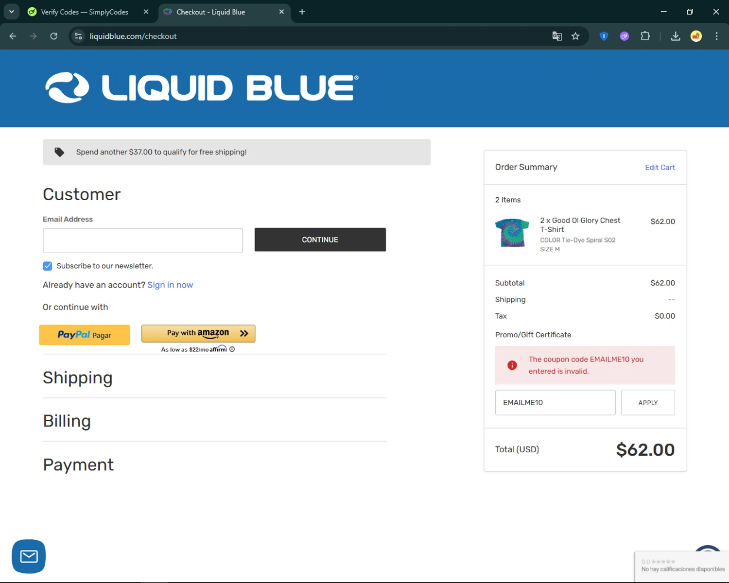 Liquid Blue Shop promo code screenshot showing code EMAILME10 applied at Liquid Blue Shop checkout page. Uploaded by SimplyCodes community member SmartFinder4193 on Jun 21, 2025