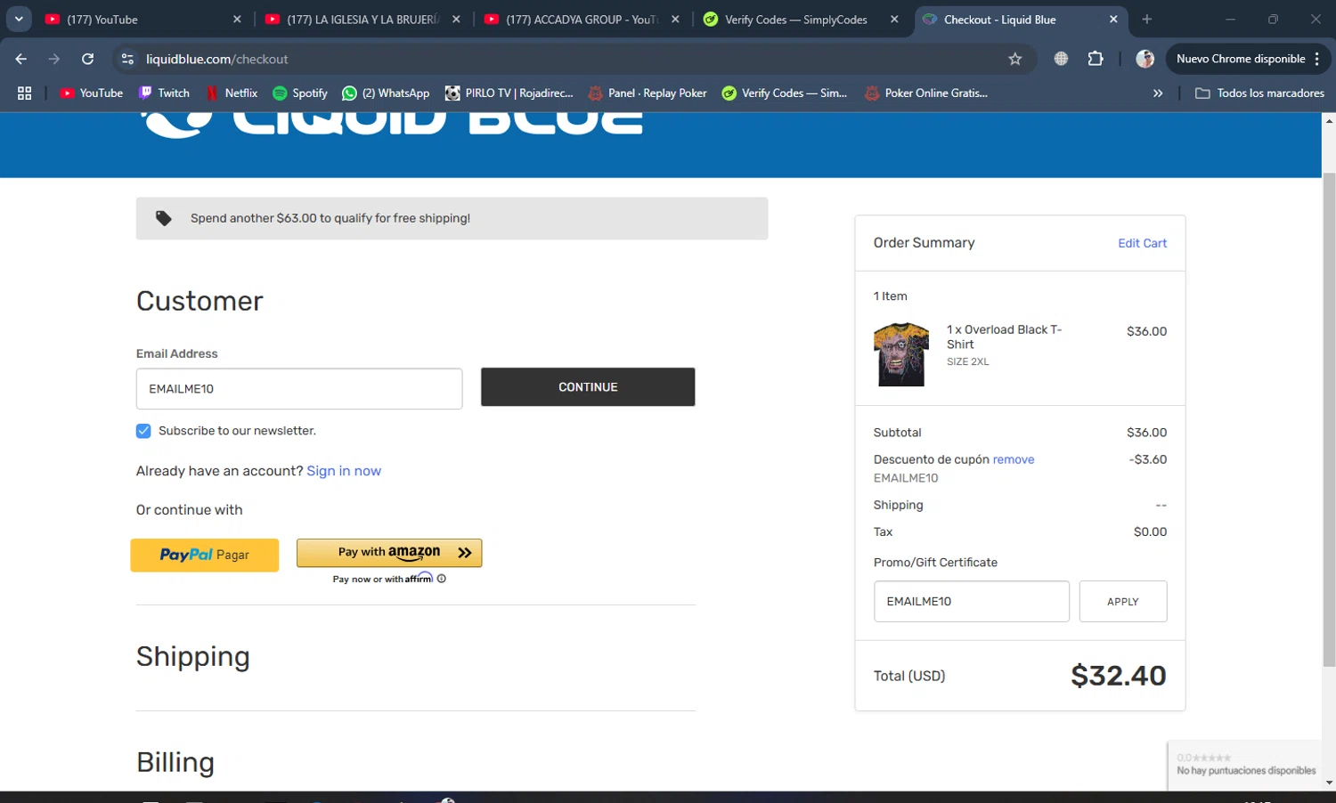 Liquid Blue Shop checkout page showing Liquid Blue Shop promo code box | Screenshot taken by SimplyCodes community member on Feb 25, 2025