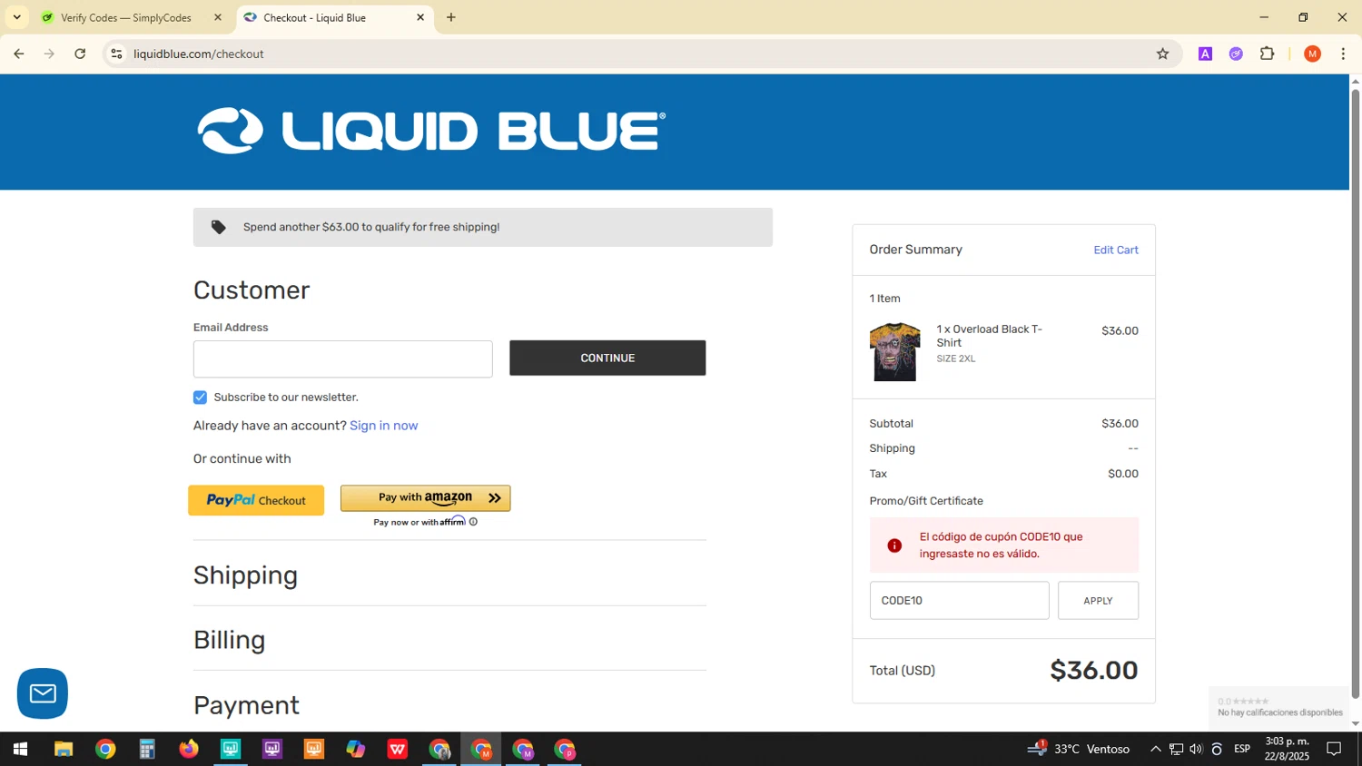 Liquid Blue Shop promo code screenshot showing code CODE10 applied at Liquid Blue Shop checkout page. Uploaded by SimplyCodes community member ExtraordinaryDefender1444 on Aug 22, 2025