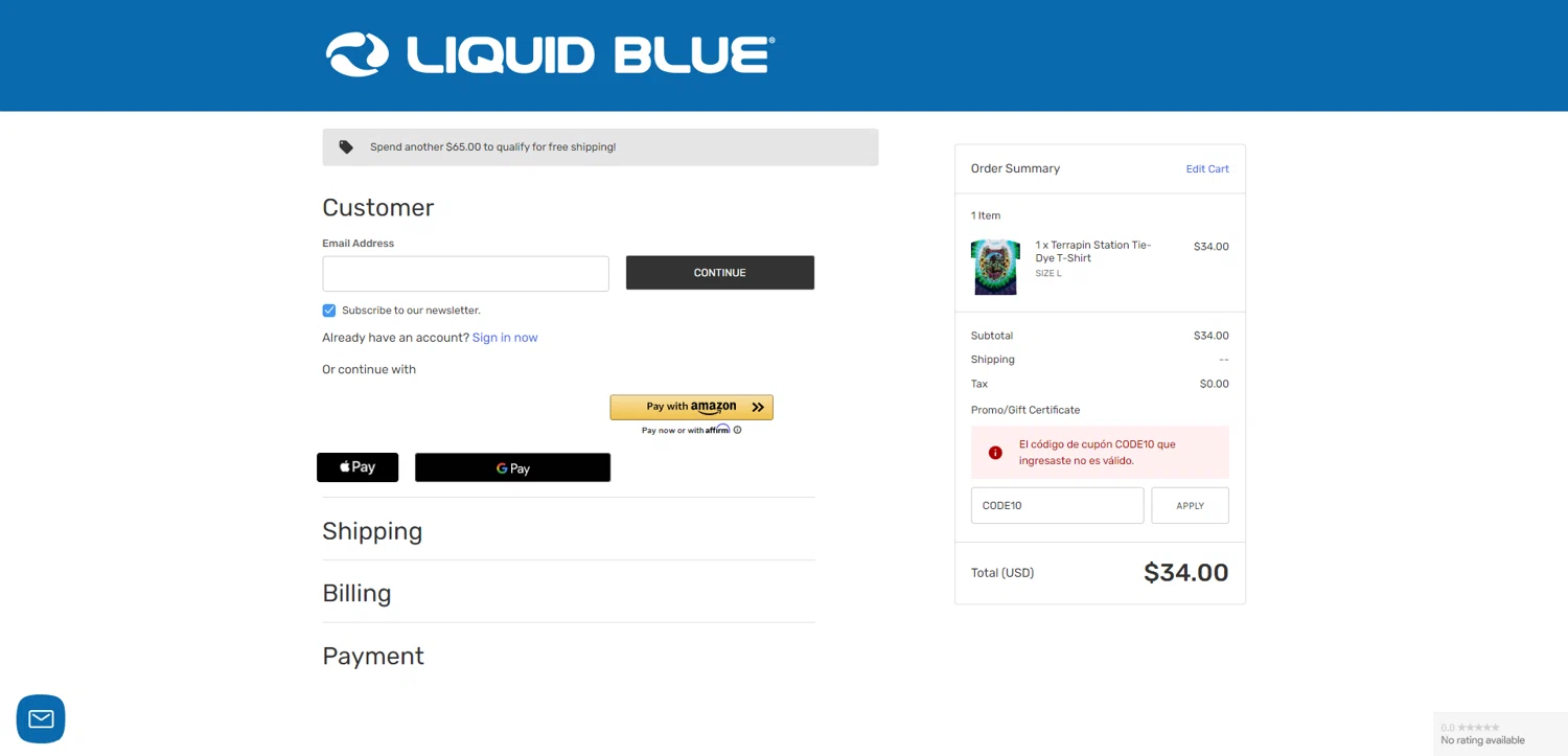 Liquid Blue Shop promo code screenshot showing code CODE10 applied at Liquid Blue Shop checkout page. Uploaded by SimplyCodes community member ScanRanger3503 on Aug 22, 2025