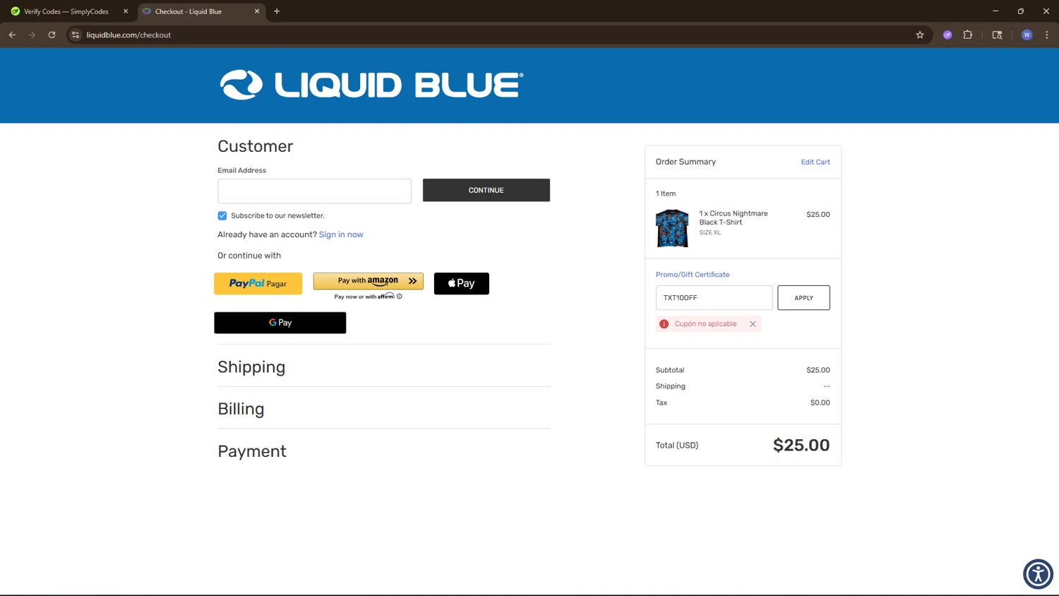 Liquid Blue Shop checkout page showing Liquid Blue Shop promo code box | Screenshot taken by SimplyCodes community member on Feb 14, 2026