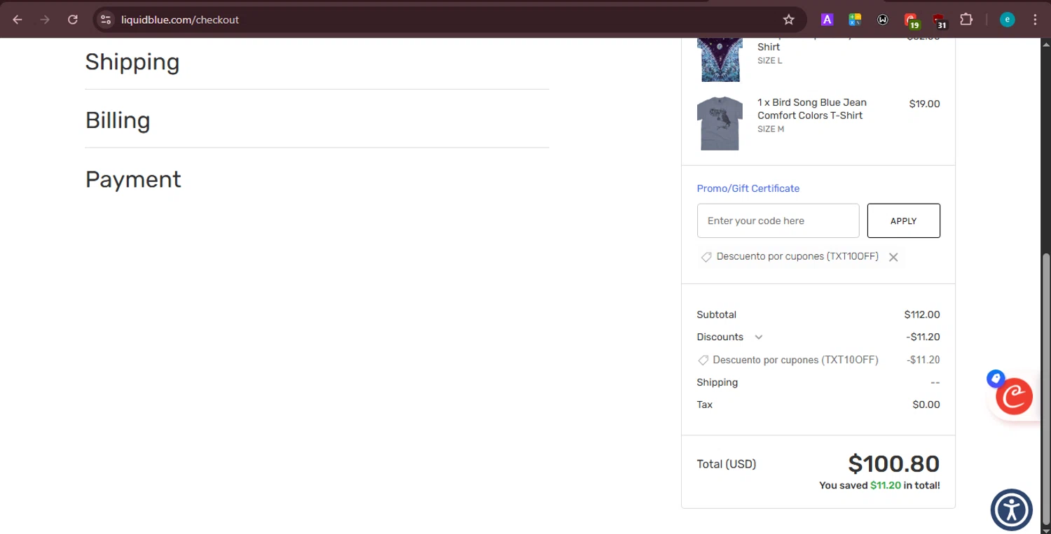 Liquid Blue Shop promo code screenshot showing code TXT10OFF applied at Liquid Blue Shop checkout page. Uploaded by SimplyCodes community member PrincessCoupon on Feb 14, 2026