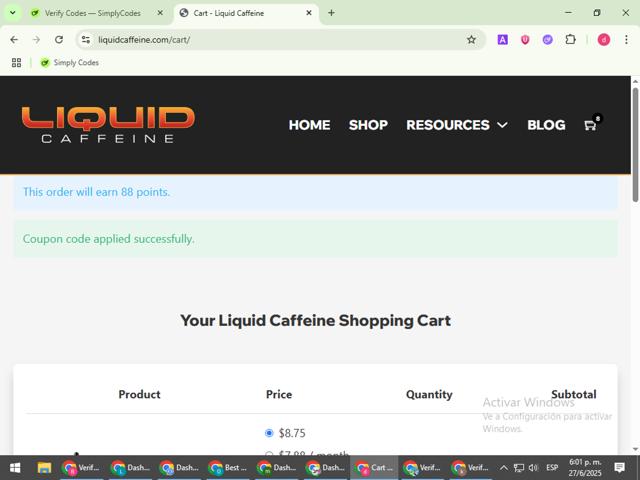 Liquid Caffeine checkout page showing Liquid Caffeine promo code box | Screenshot taken by SimplyCodes community member on Jun 27, 2025