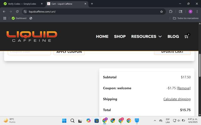 Liquid Caffeine checkout page showing Liquid Caffeine promo code box | Screenshot taken by SimplyCodes community member on Jun 6, 2025