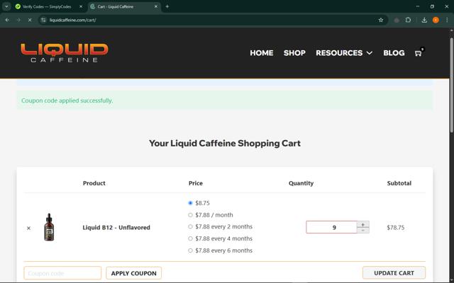 Liquid Caffeine checkout page showing Liquid Caffeine promo code box | Screenshot taken by SimplyCodes community member on May 16, 2025