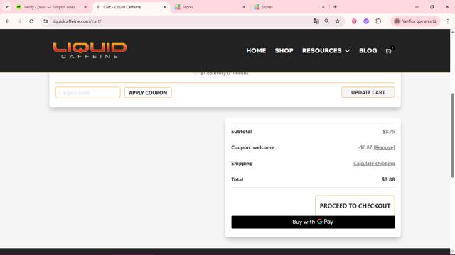 Liquid Caffeine checkout page showing Liquid Caffeine promo code box | Screenshot taken by SimplyCodes community member on Jun 28, 2025