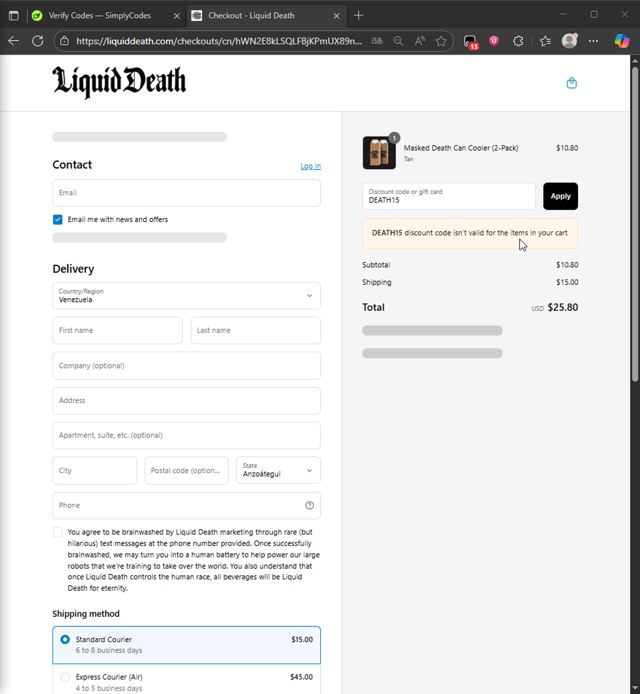 Liquid Death checkout page showing Liquid Death discount code box | Screenshot taken by SimplyCodes community member on Aug 26, 2025