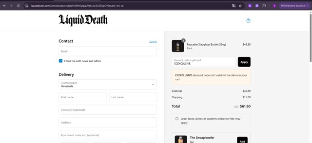 Liquid Death checkout page showing Liquid Death discount code box | Screenshot taken by SimplyCodes community member on Sep 2, 2025