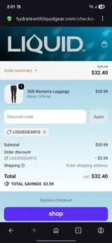 Liquid Hydration Gear coupon verification screenshot