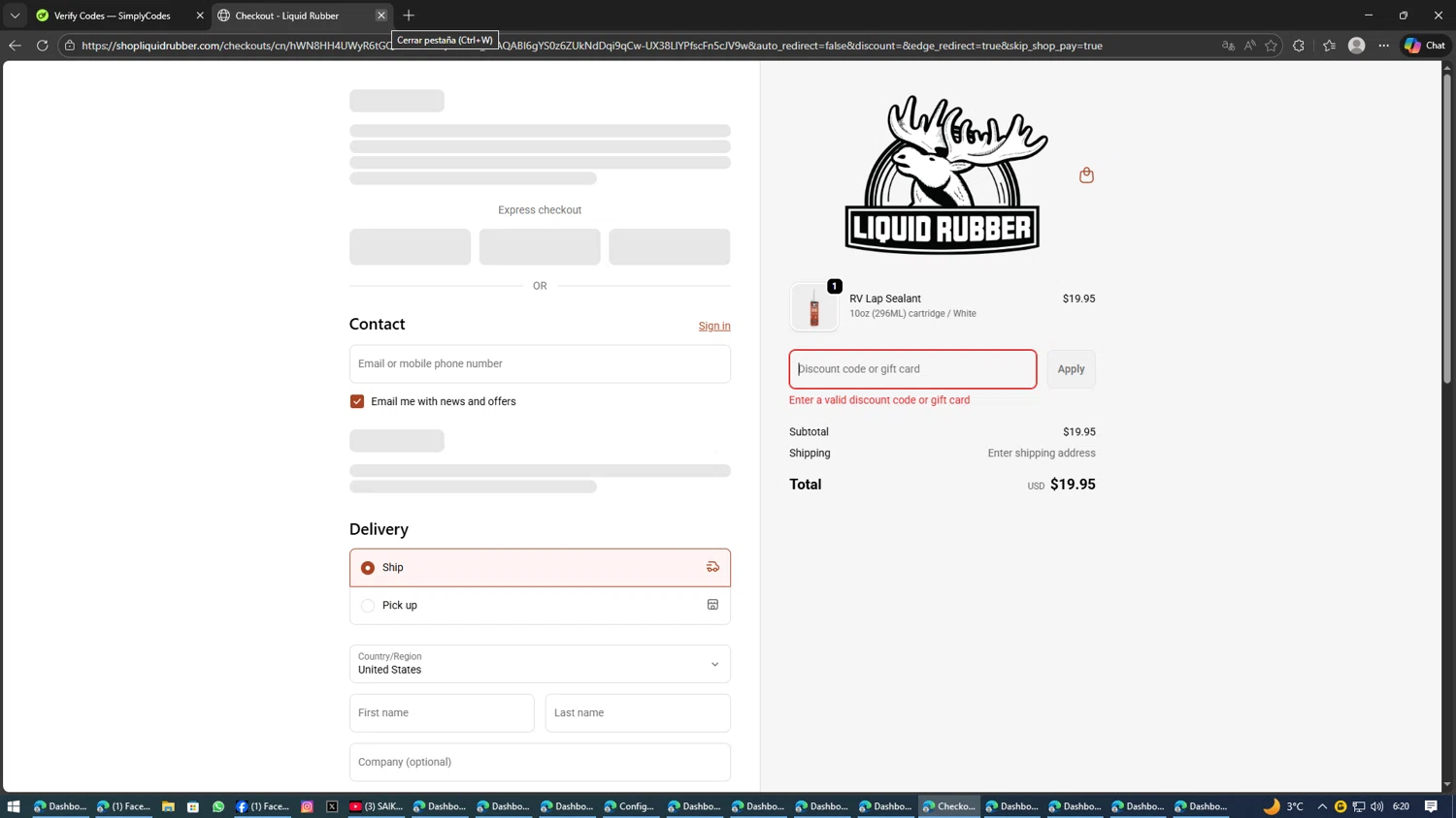 Liquid Rubber promo code screenshot showing code NEWACCOUNT applied at Liquid Rubber checkout page. Uploaded by SimplyCodes community member AVATIGRITO on Feb 1, 2026