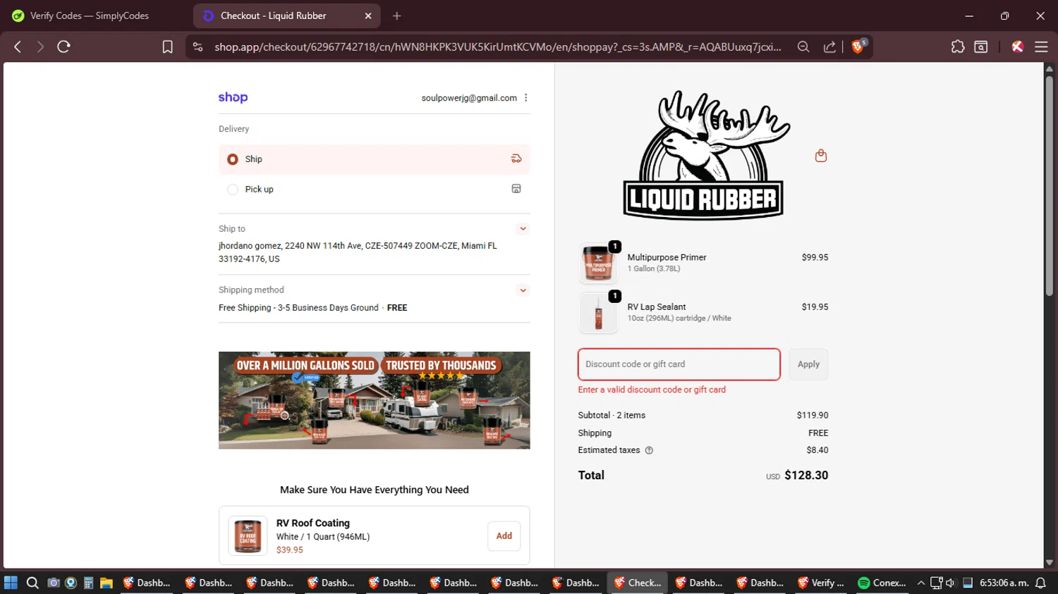 Liquid Rubber promo code screenshot showing code NEWACCOUNT applied at Liquid Rubber checkout page. Uploaded by SimplyCodes community member Shizuku on Feb 1, 2026