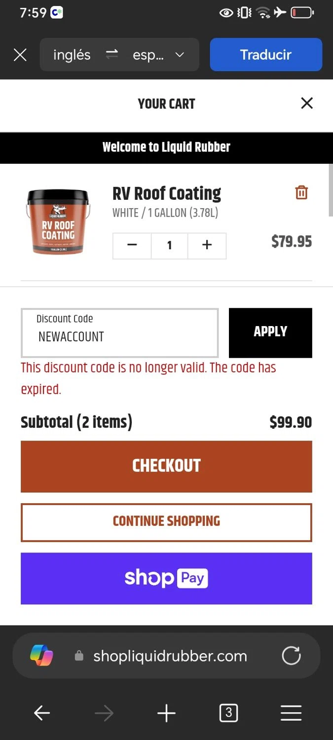 Liquid Rubber promo code screenshot showing code NEWACCOUNT applied at Liquid Rubber checkout page. Uploaded by SimplyCodes community member Xx_Cogeburras3000_xX on Feb 1, 2026