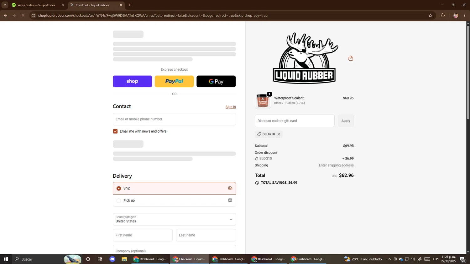 Liquid Rubber promo code screenshot showing code BLOG10 applied at Liquid Rubber checkout page. Uploaded by SimplyCodes community member El_mynor on Oct 28, 2025