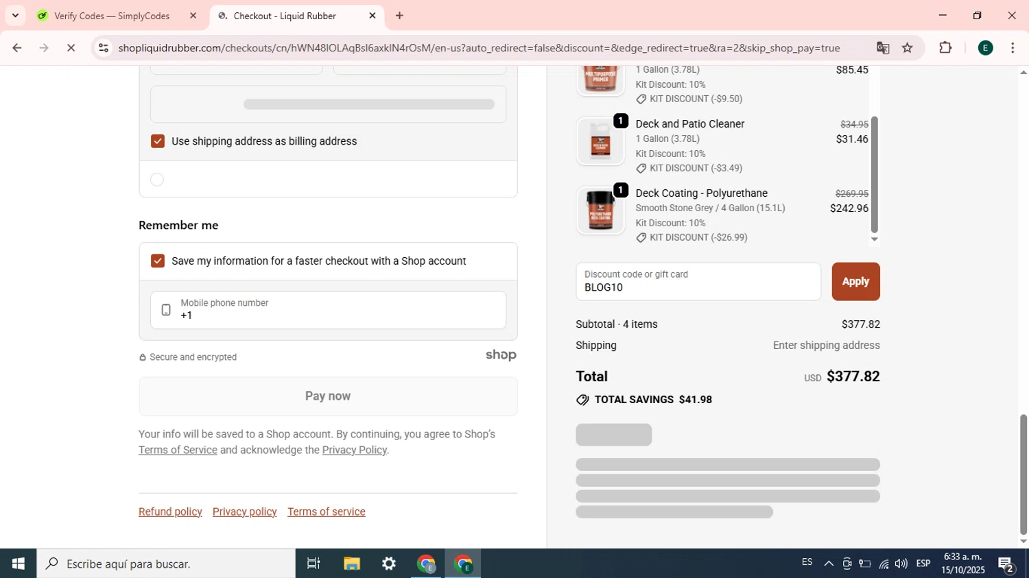 Liquid Rubber promo code screenshot showing code BLOG10 applied at Liquid Rubber checkout page. Uploaded by SimplyCodes community member Esteban14 on Oct 15, 2025