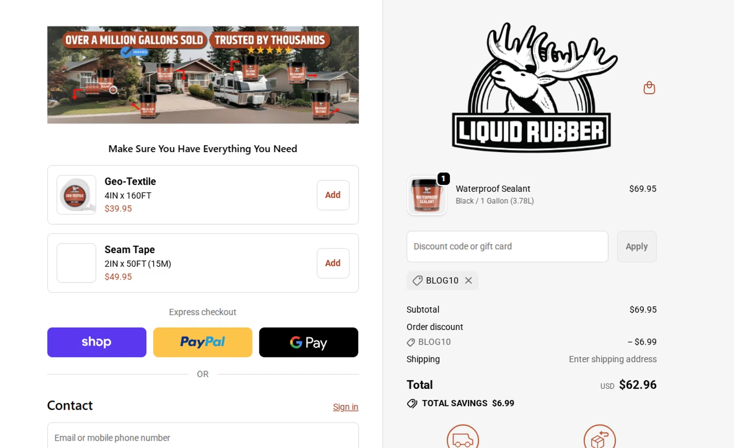 Liquid Rubber promo code screenshot showing code BLOG10 applied at Liquid Rubber checkout page. Uploaded by SimplyCodes community member ThriftyShopper3669 on Dec 11, 2025
