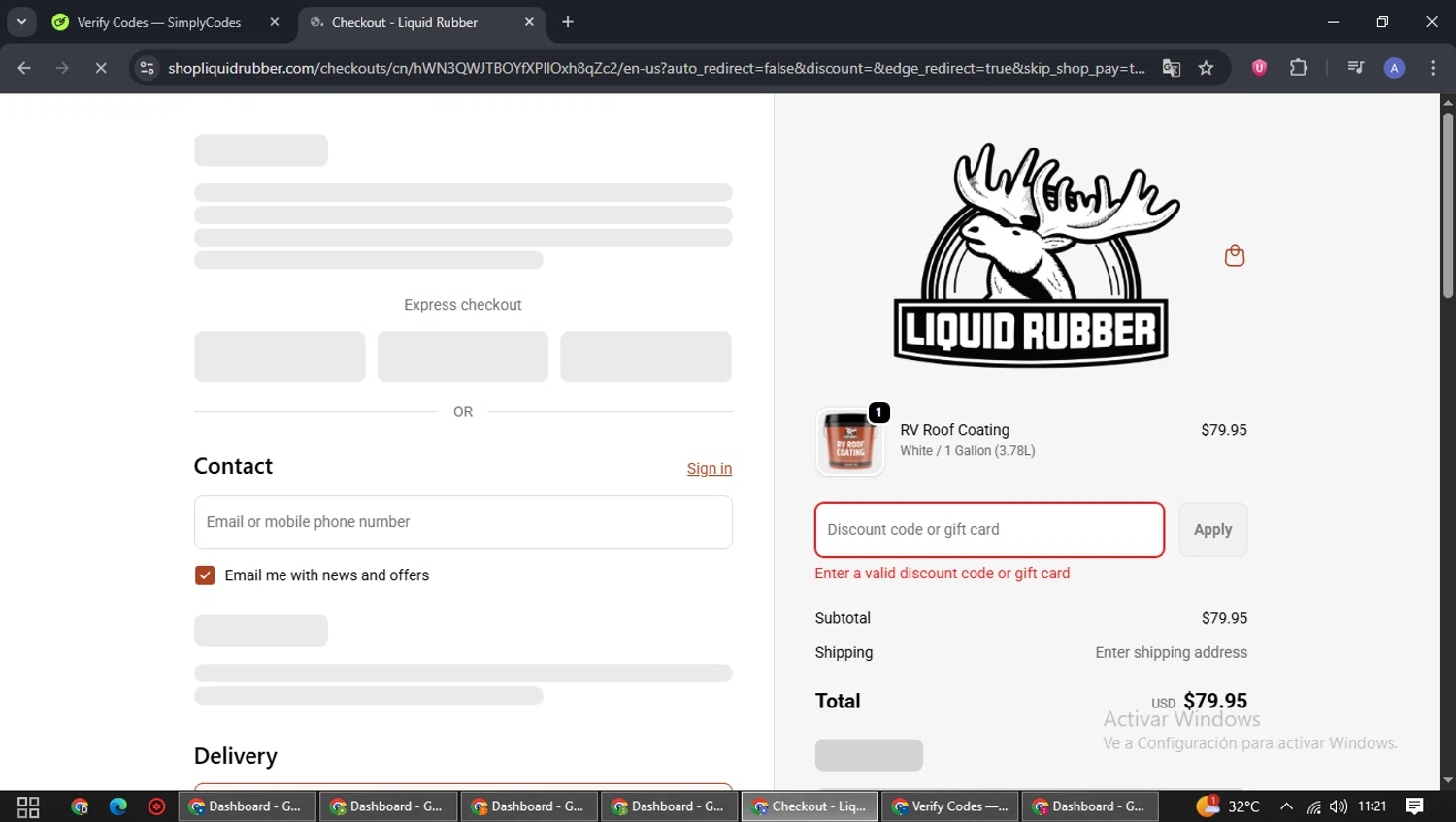 Liquid Rubber promo code screenshot showing code ROOFSAVER15 applied at Liquid Rubber checkout page. Uploaded by SimplyCodes community member BargainPilot8819 on Sep 26, 2025