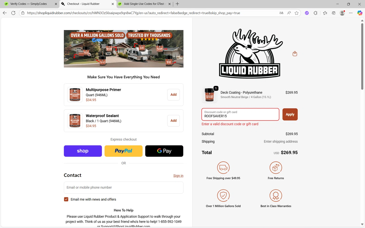 Liquid Rubber promo code screenshot showing code ROOFSAVER15 applied at Liquid Rubber checkout page. Uploaded by SimplyCodes community member Yuyu12 on Sep 25, 2025