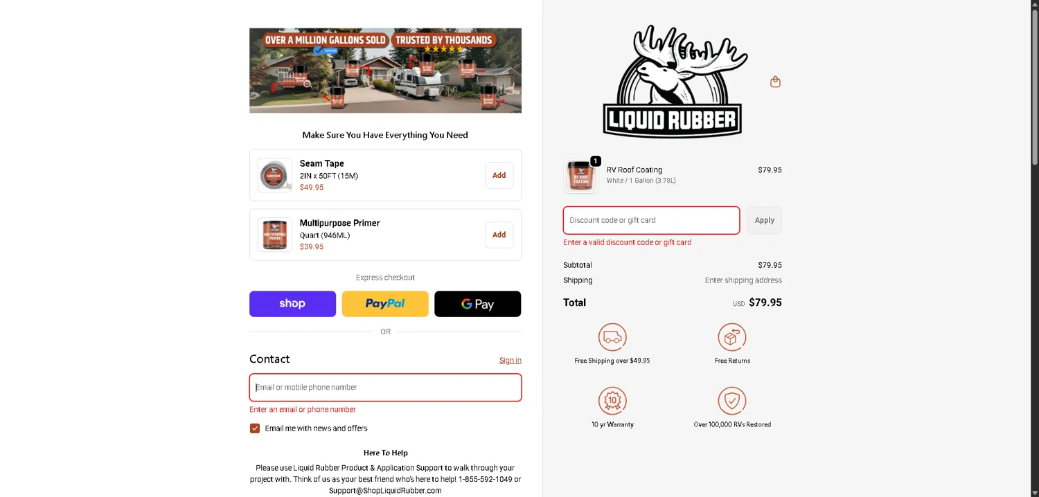 Liquid Rubber promo code screenshot showing code STOPLEAKS2025 applied at Liquid Rubber checkout page. Uploaded by SimplyCodes community member ExtraordinaryMaven3628 on Dec 6, 2025