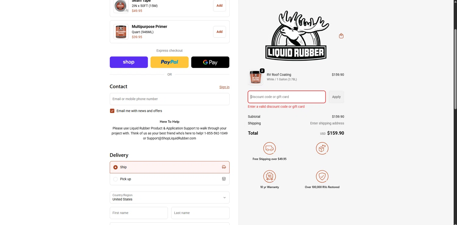 Liquid Rubber promo code screenshot showing code STOPLEAKS2025 applied at Liquid Rubber checkout page. Uploaded by SimplyCodes community member WonderVirtuoso3484 on Dec 6, 2025