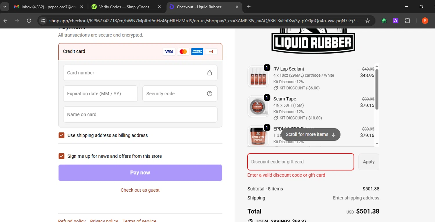 Liquid Rubber promo code screenshot showing code HOLIDAYSEAL applied at Liquid Rubber checkout page. Uploaded by SimplyCodes community member Eminem on Jan 8, 2026