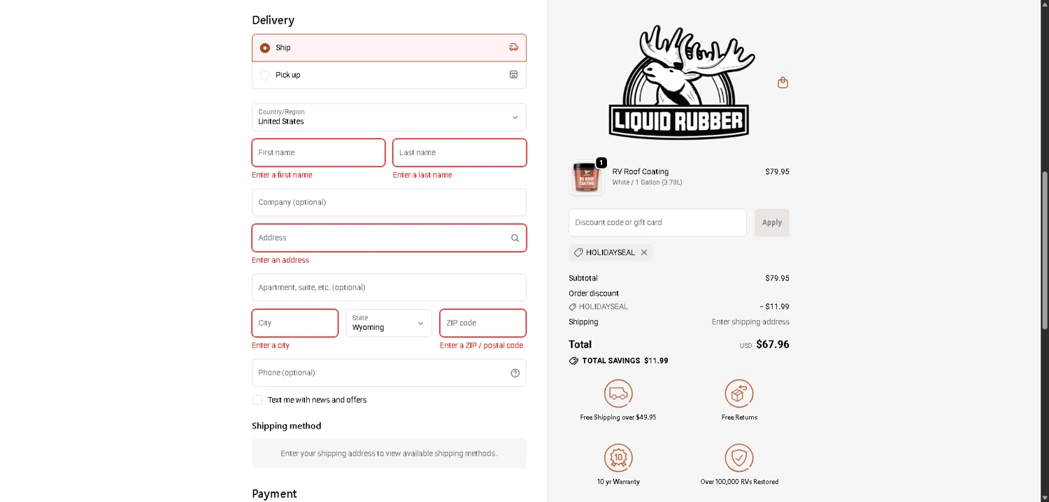 Liquid Rubber promo code screenshot showing code HOLIDAYSEAL applied at Liquid Rubber checkout page. Uploaded by SimplyCodes community member ExtraordinaryMaven3628 on Dec 30, 2025