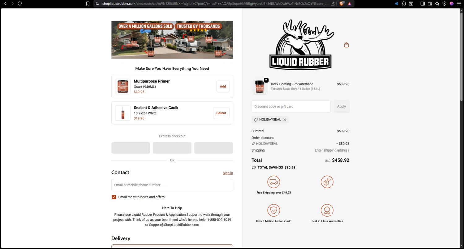 Liquid Rubber promo code screenshot showing code HOLIDAYSEAL applied at Liquid Rubber checkout page. Uploaded by SimplyCodes community member leonardjose on Dec 30, 2025