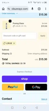 Liquid Sun Rayz coupon verification screenshot
