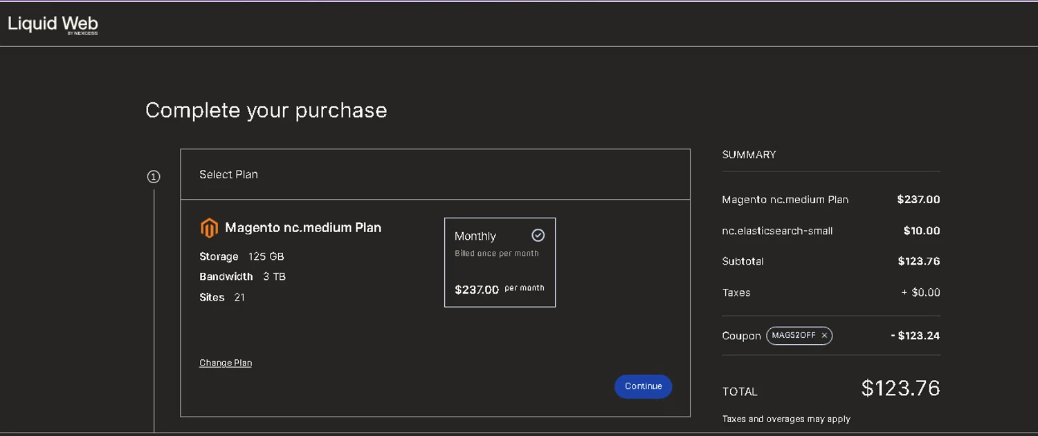Liquid Web promo code screenshot showing code MAG52OFf applied at Liquid Web checkout page. Uploaded by SimplyCodes community member beatrizcastillo on Jun 6, 2026