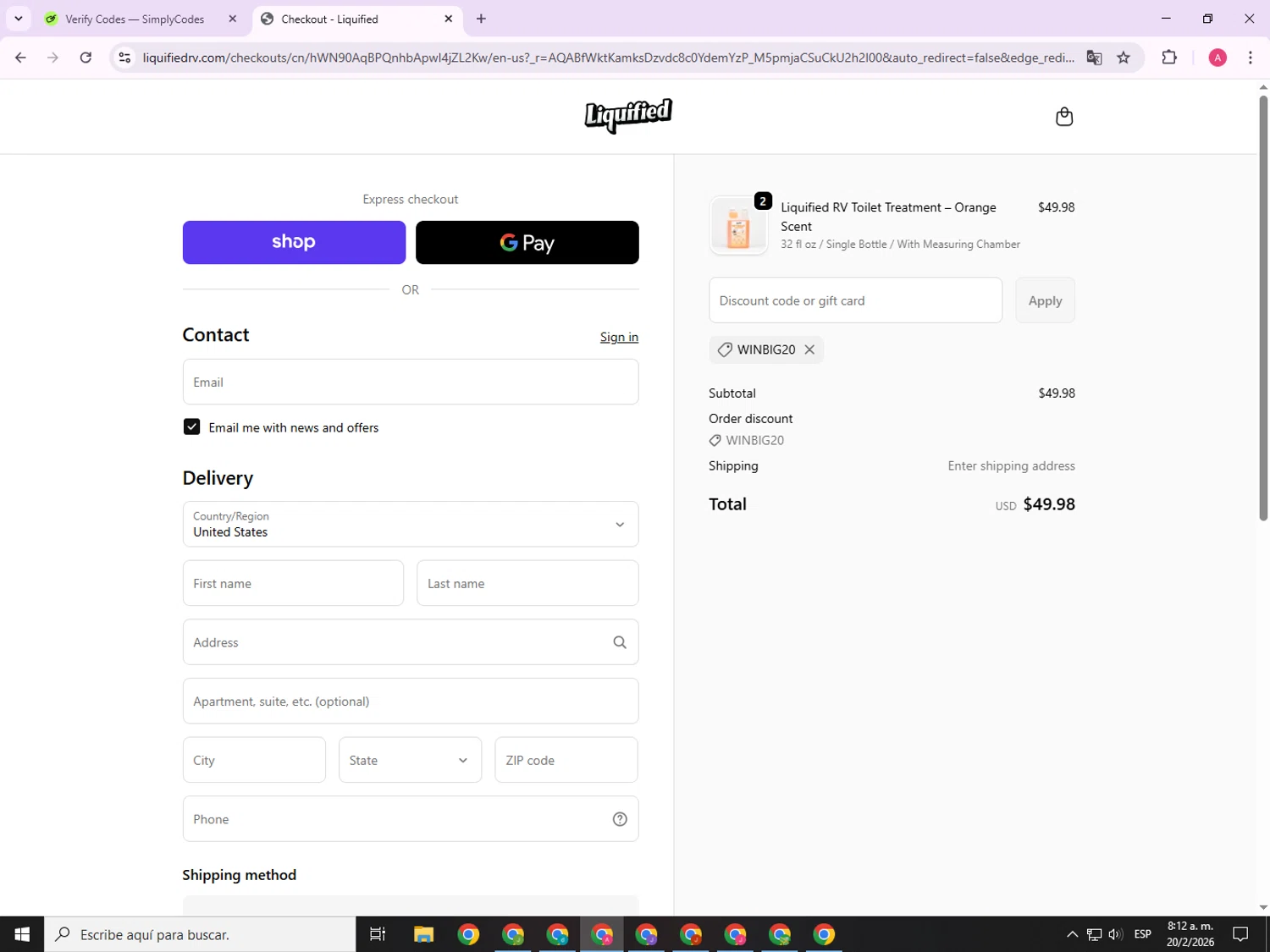 Liquified checkout page showing Liquified promo code box | Screenshot taken by SimplyCodes community member on Feb 20, 2026