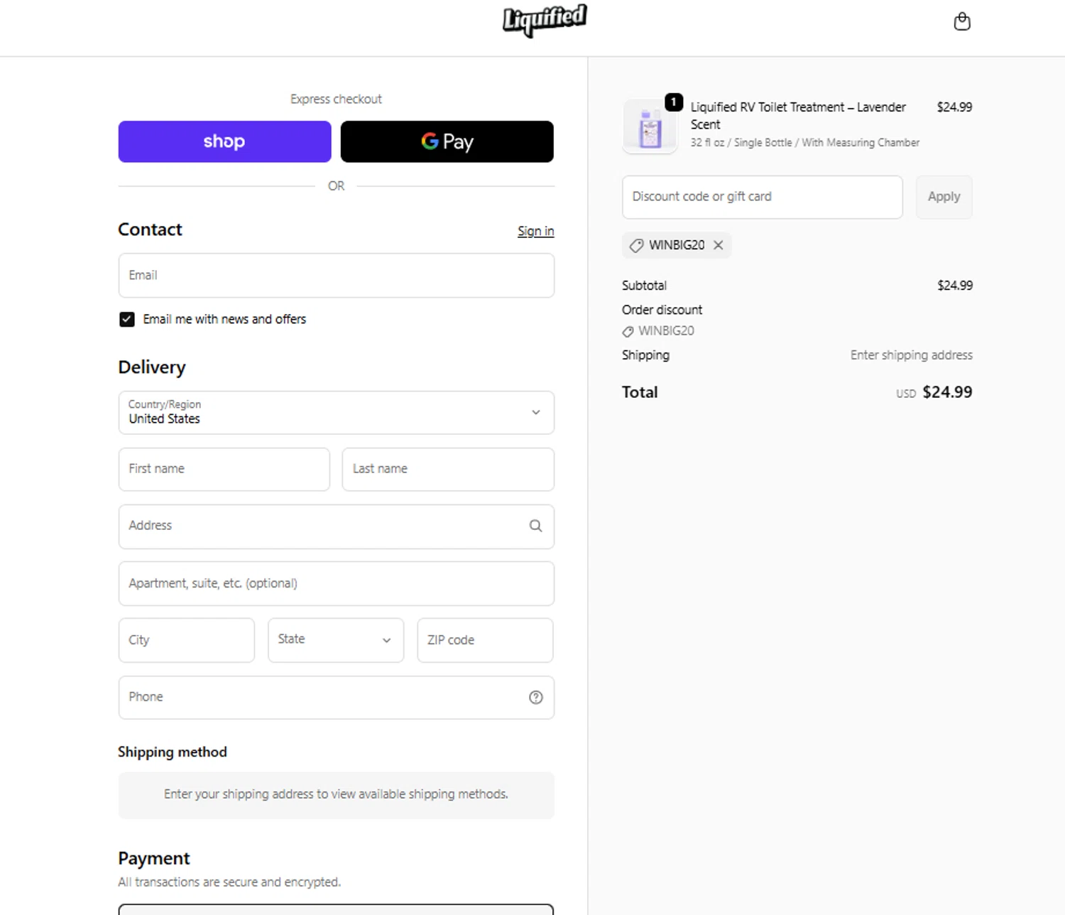 Liquified promo code screenshot showing code WINBIG20 applied at Liquified checkout page. Uploaded by SimplyCodes community member Mbappe on Feb 4, 2026