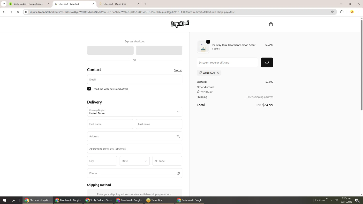 Liquified promo code screenshot showing code WINBIG20 applied at Liquified checkout page. Uploaded by SimplyCodes community member Richard251 on Nov 20, 2025