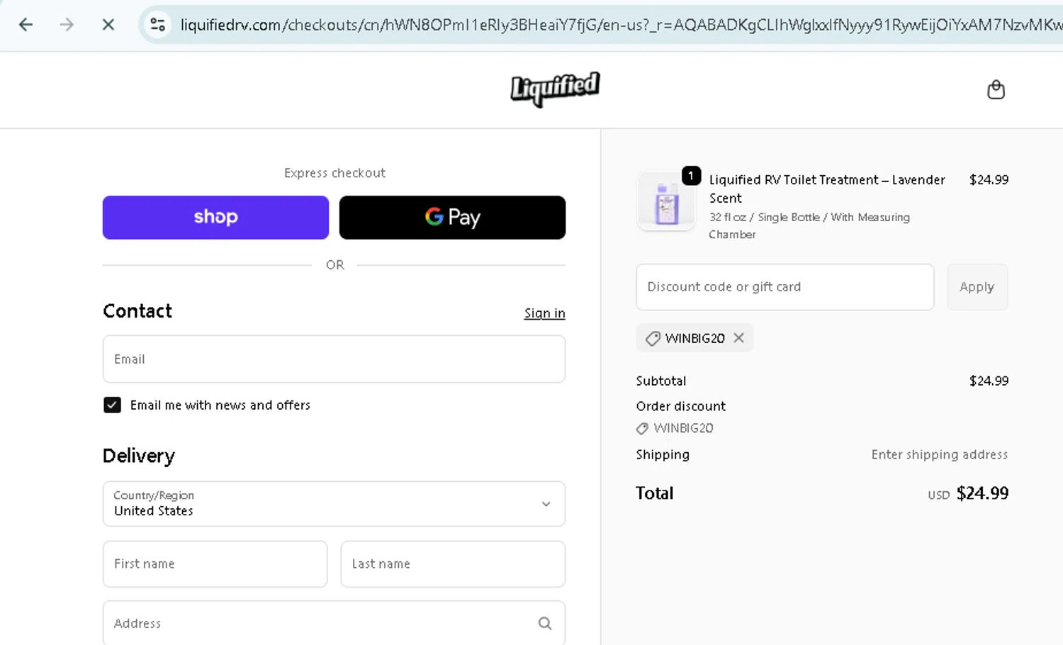 Liquified checkout page showing Liquified promo code box | Screenshot taken by SimplyCodes community member on Feb 4, 2026