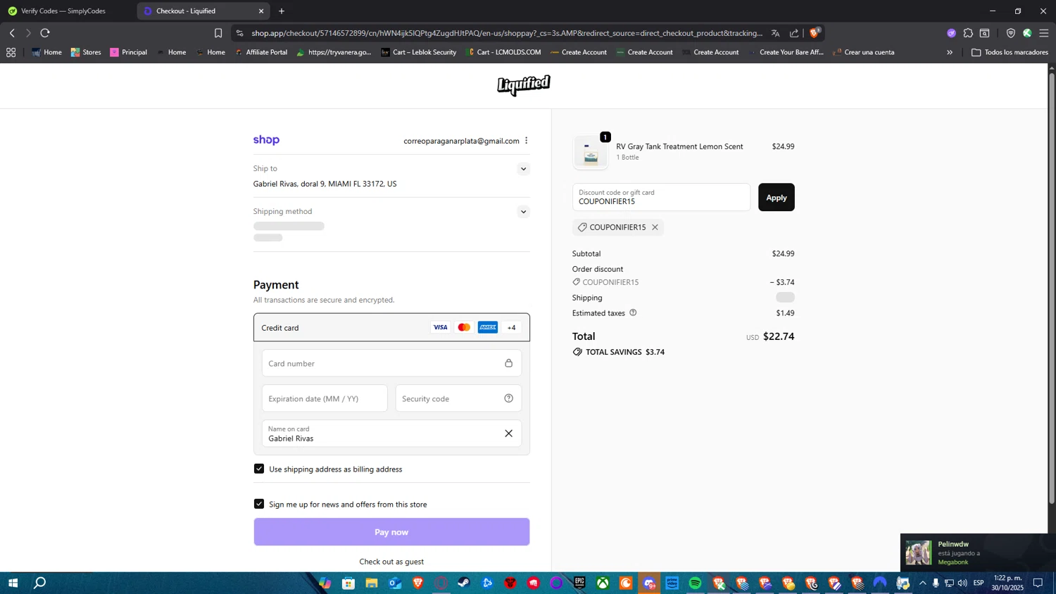 Liquified promo code screenshot showing code COUPONIFIER15 applied at Liquified checkout page. Uploaded by SimplyCodes community member SimplyNerd on Oct 30, 2025