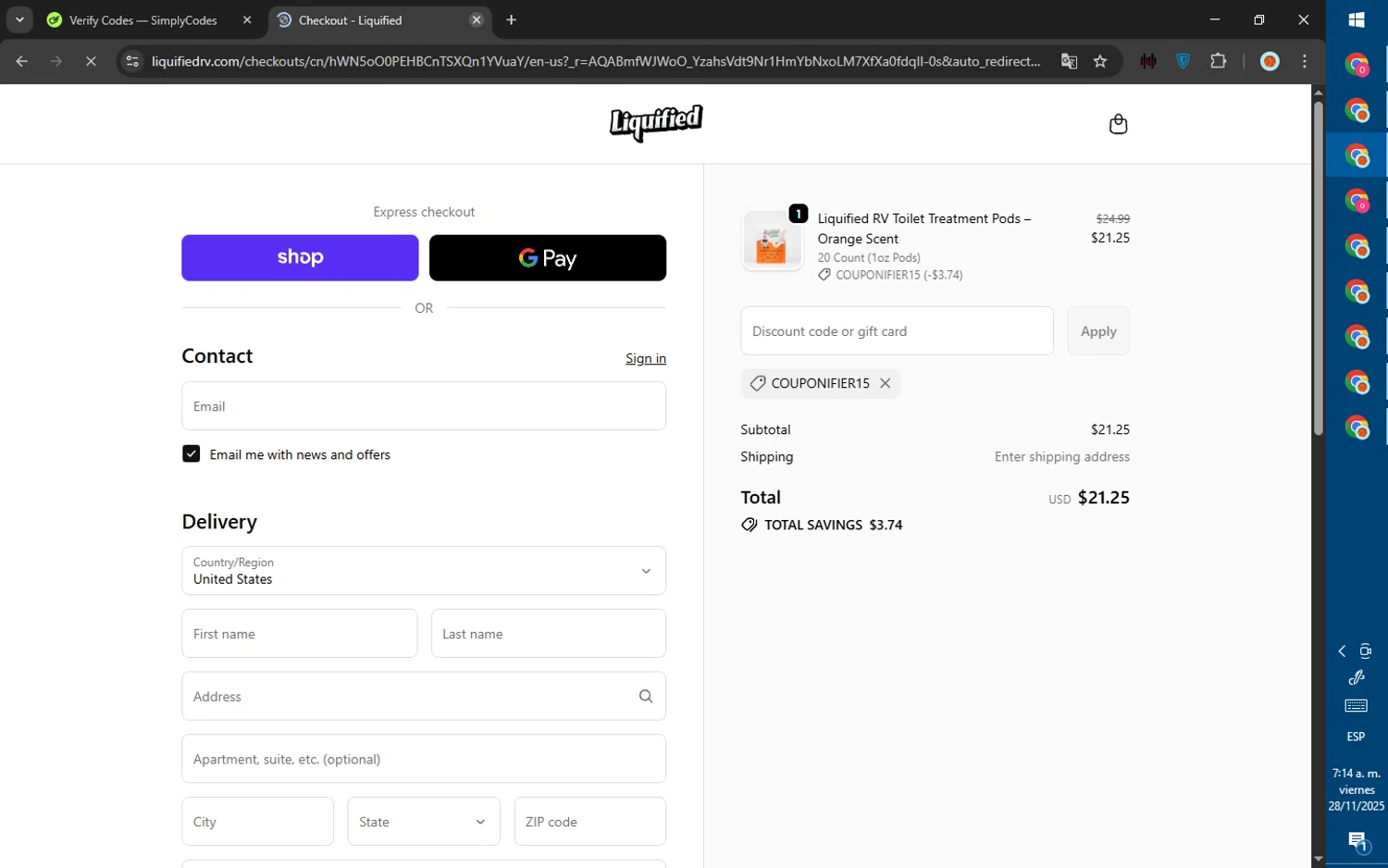 Liquified promo code screenshot showing code COUPONIFIER15 applied at Liquified checkout page. Uploaded by SimplyCodes community member ValiantWarden8956 on Nov 28, 2025