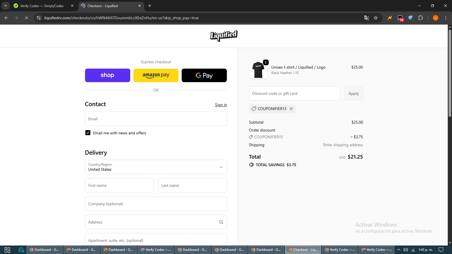 Liquified promo code screenshot showing code COUPONIFIER15 applied at Liquified checkout page. Uploaded by SimplyCodes community member guest_192805448 on Oct 30, 2025