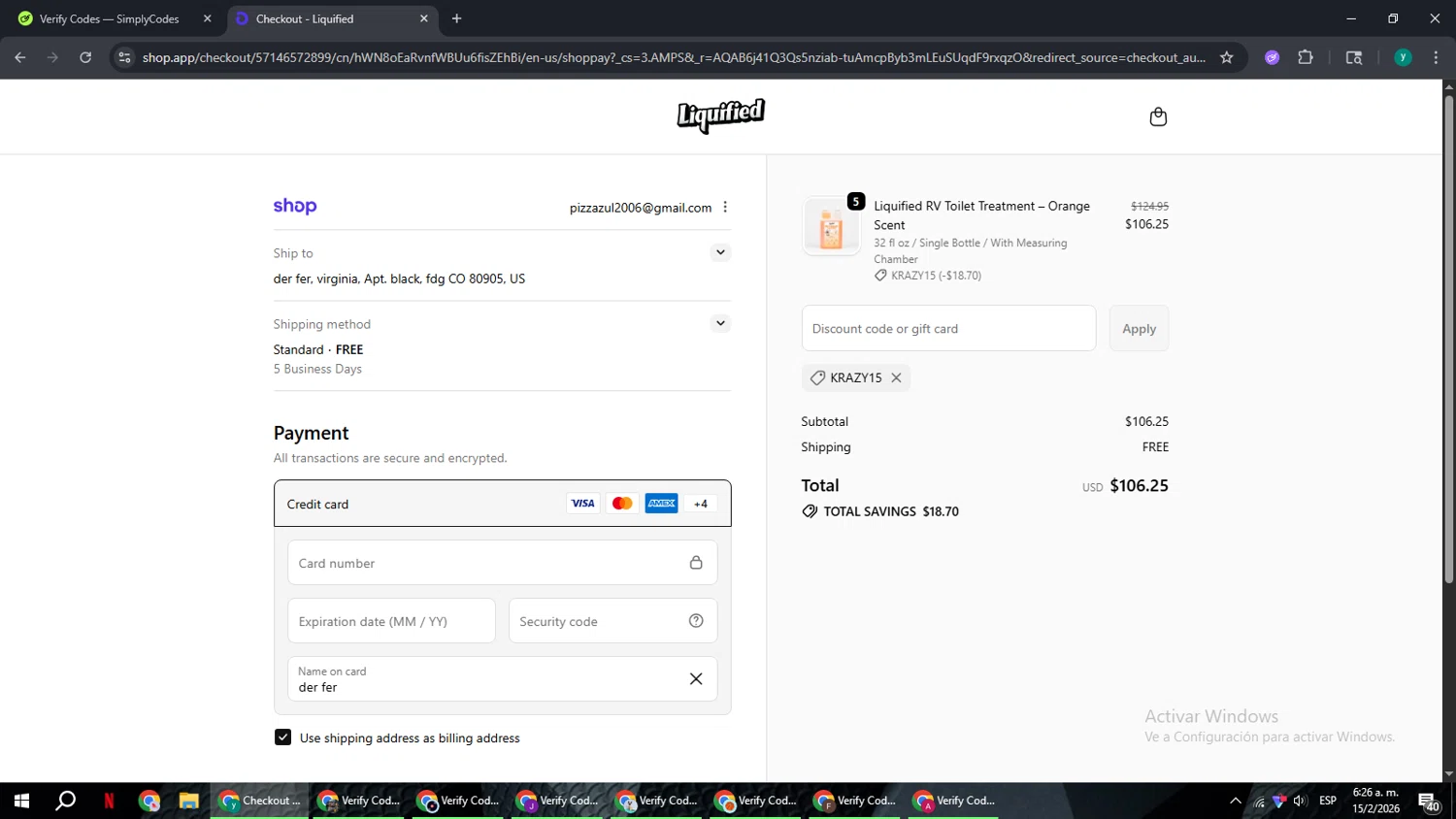 Liquified checkout page showing Liquified promo code box | Screenshot taken by SimplyCodes community member on Feb 15, 2026