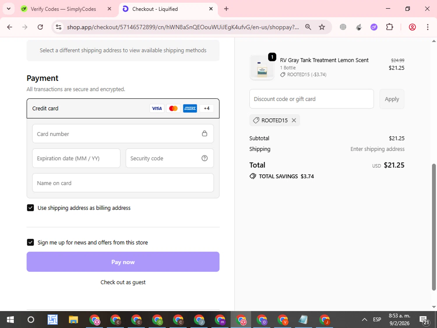 Liquified checkout page showing Liquified promo code box | Screenshot taken by SimplyCodes community member on Feb 9, 2026