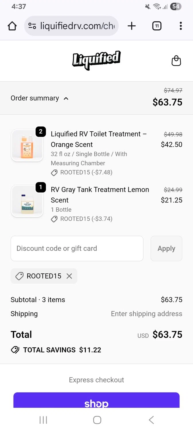 Liquified promo code screenshot showing code Rooted15 applied at Liquified checkout page. Uploaded by SimplyCodes community member KarinaHZ on Dec 14, 2025