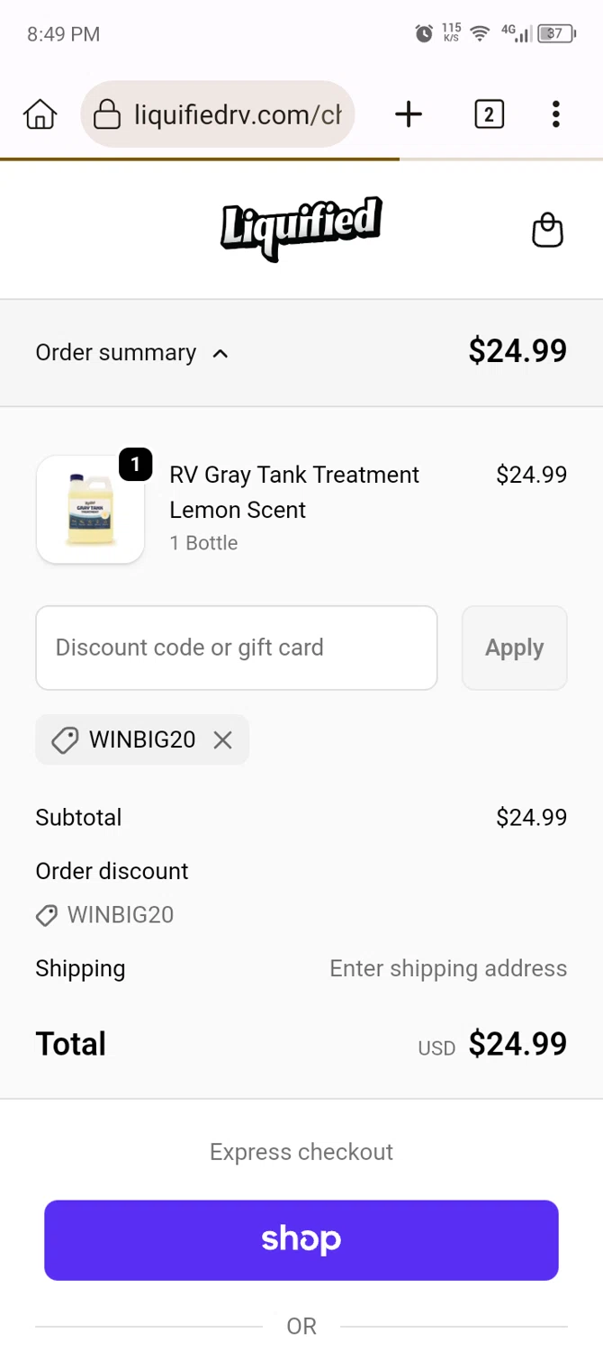 Liquified promo code screenshot showing code WINBIG20 applied at Liquified checkout page. Uploaded by SimplyCodes community member MRDEAL on Sep 30, 2025