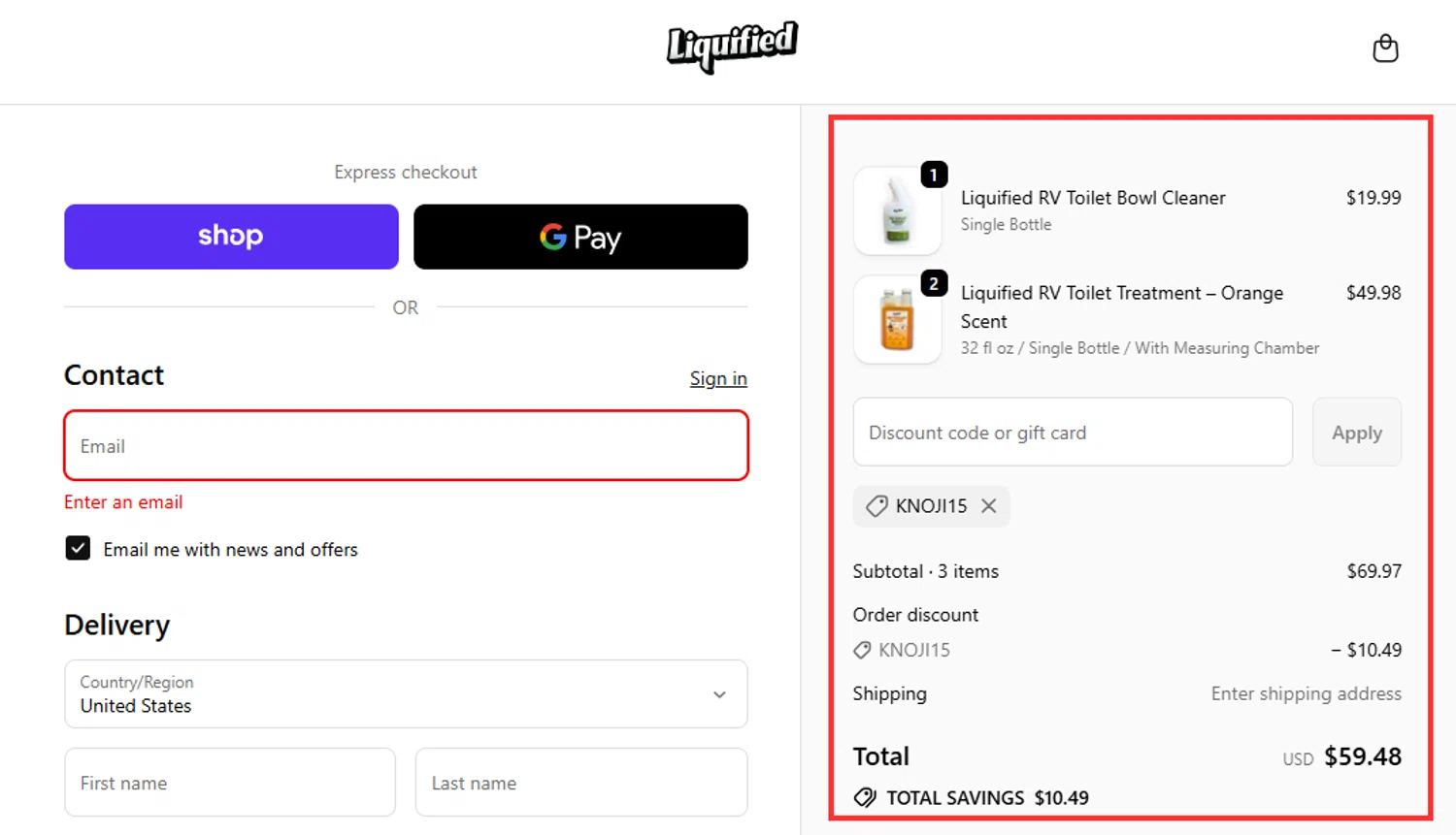 Liquified promo code screenshot showing code KNOJI15 applied at Liquified checkout page. Uploaded by SimplyCodes community member RebateHunter3112 on Sep 29, 2025