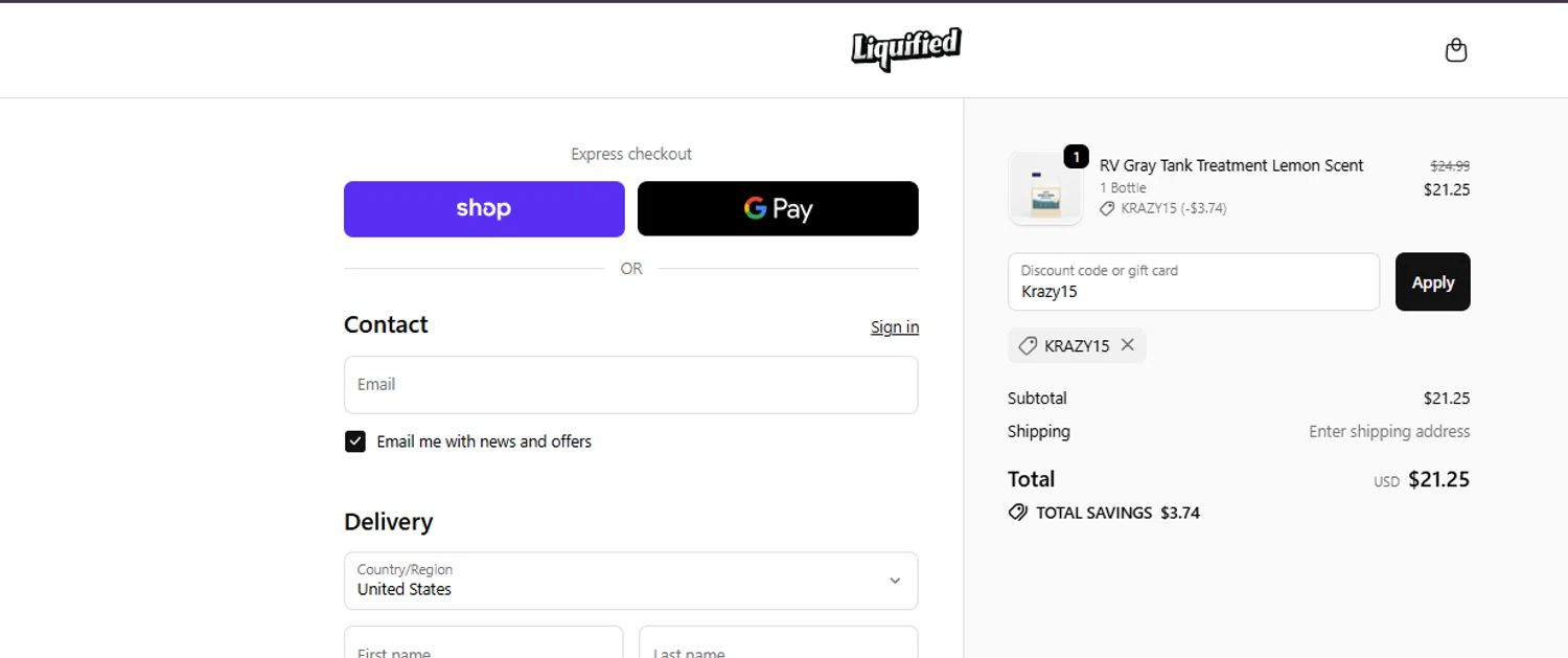 Liquified promo code screenshot showing code KRAZY15 applied at Liquified checkout page. Uploaded by SimplyCodes community member ashe1986 on Nov 20, 2025