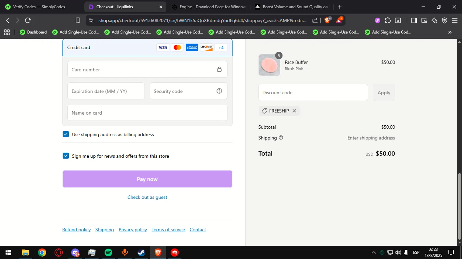 liquilinks promo code screenshot showing code FREESHIP applied at liquilinks checkout page. Uploaded by SimplyCodes community member Ultrapapu on Aug 13, 2025