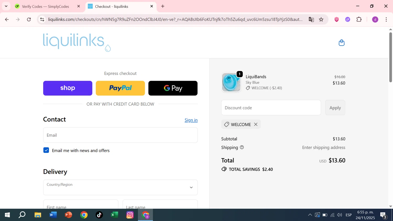liquilinks promo code screenshot showing code WELCOME applied at liquilinks checkout page. Uploaded by SimplyCodes community member LuckyFalcon7333 on Nov 24, 2025