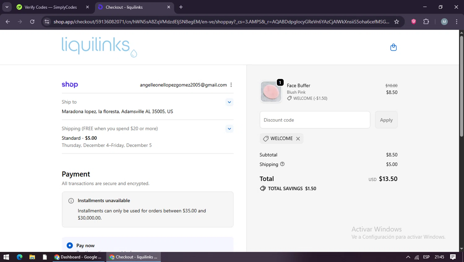 liquilinks promo code screenshot showing code WELCOME applied at liquilinks checkout page. Uploaded by SimplyCodes community member maraxo on Nov 30, 2025