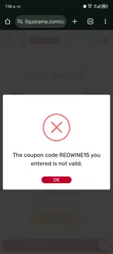 REDWINE15 coupon verification screenshot