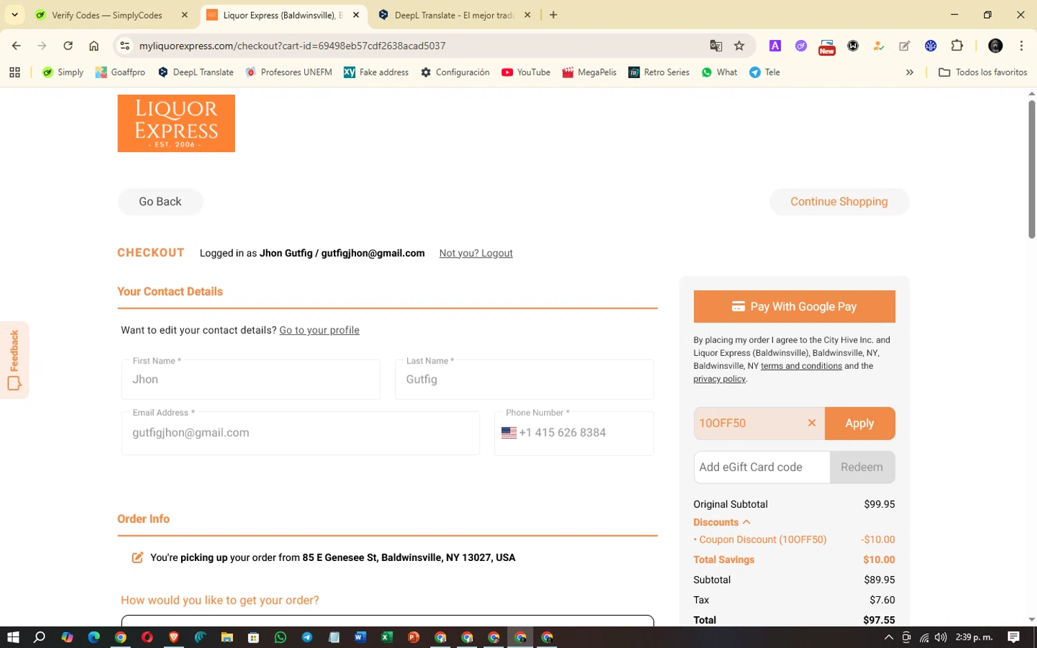Liquor Express discount code screenshot showing code 10OFF50 applied at Liquor Express checkout page. Uploaded by SimplyCodes community member Denver on Dec 22, 2025
