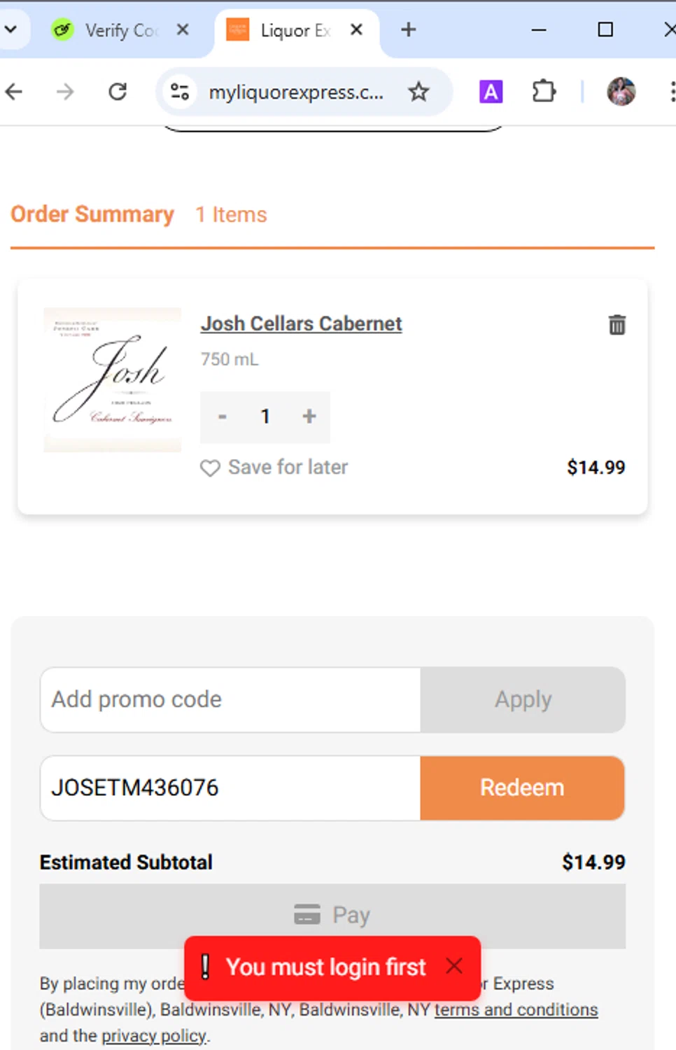 Liquor Express discount code screenshot showing code JOSETM436076 applied at Liquor Express checkout page. Uploaded by SimplyCodes community member Angel162007 on Jul 3, 2025