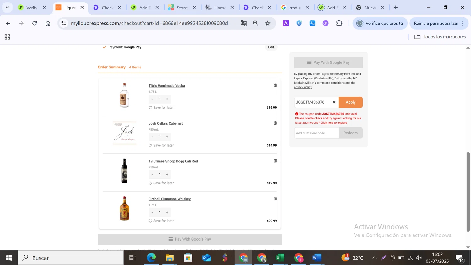 Liquor Express discount code screenshot showing code JOSETM436076 applied at Liquor Express checkout page. Uploaded by SimplyCodes community member MANUELURBINA on Jul 3, 2025
