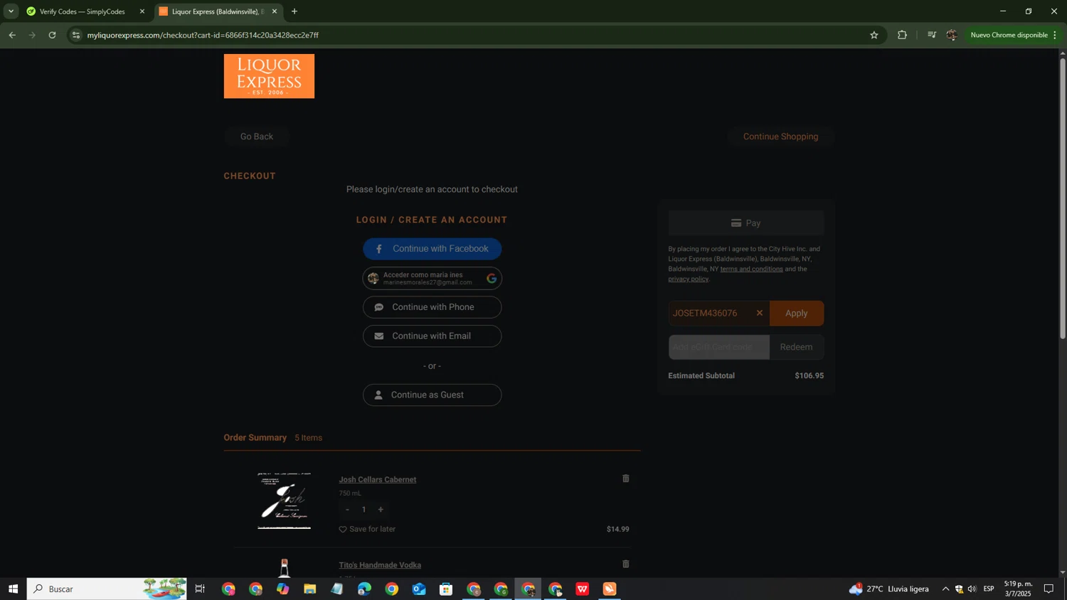 Liquor Express discount code screenshot showing code JOSETM436076 applied at Liquor Express checkout page. Uploaded by SimplyCodes community member ThriftySage4292 on Jul 3, 2025